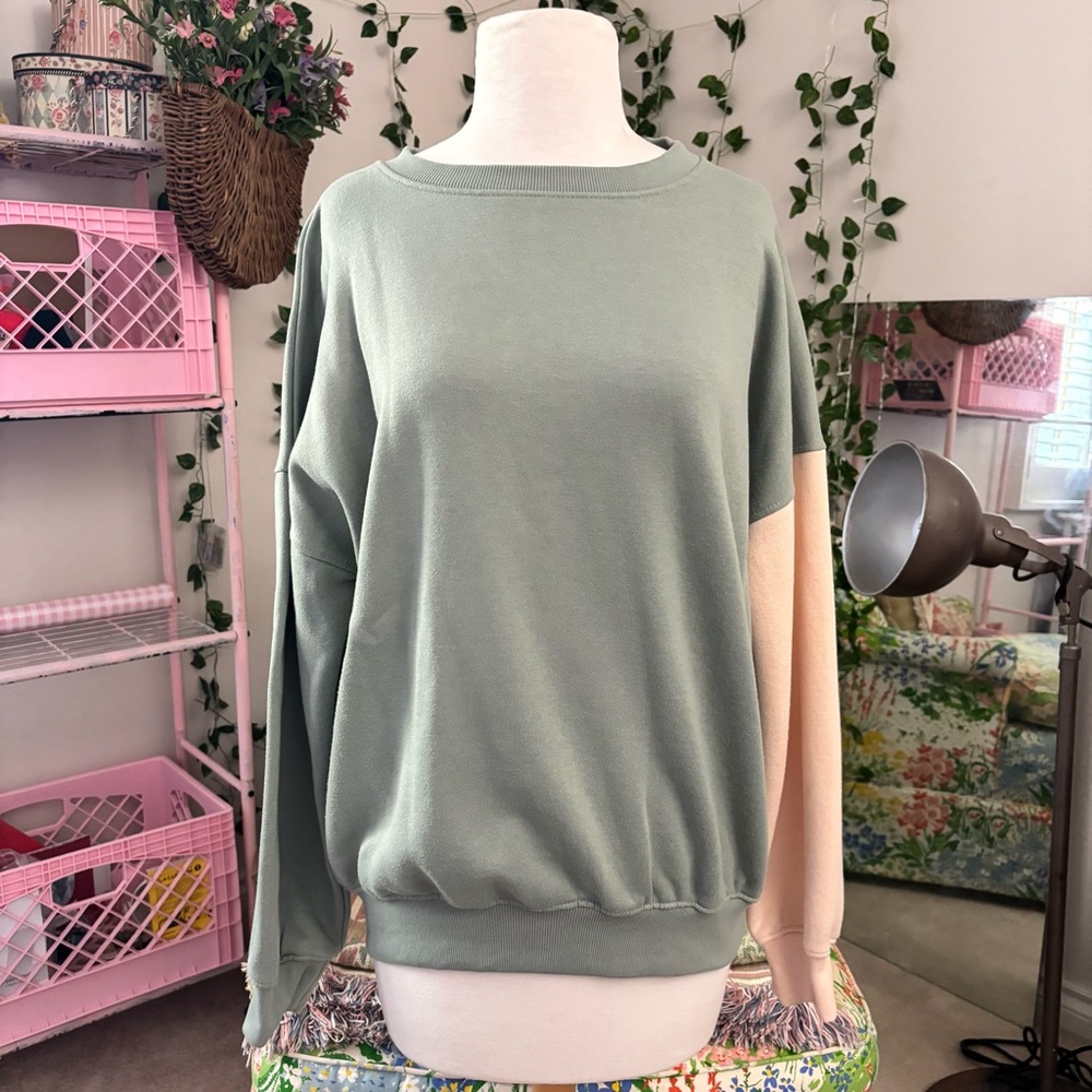 Missguided Sage Green Colorblock Sweatshirt Asymmetrical Sleeve Oversized US 6